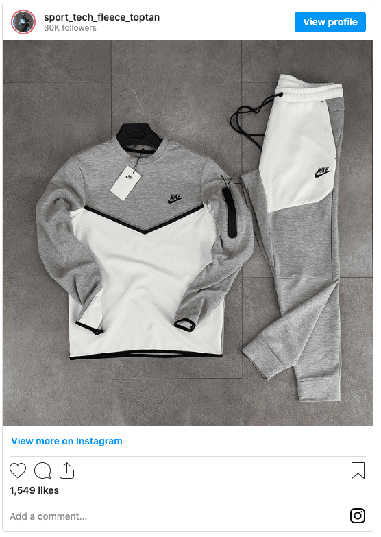nike tech grey and white sweatshirt tracksuit instagram post