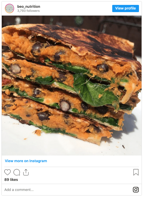 instagram recipe for sweet potato and black bean quesadillas and spinach
