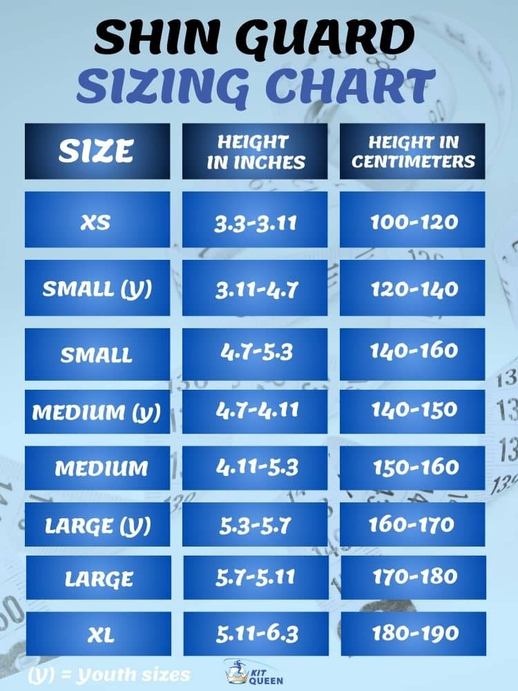 Shin pads size guard chart showing XS, Small, Medium, large, XL sizes by height in inches and centimeters.