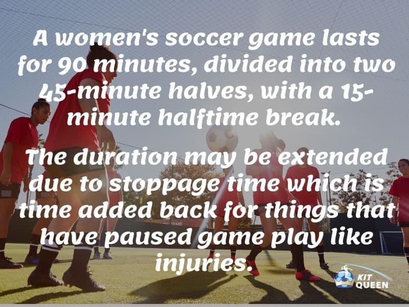How long do women's football matches last infographic.

A women's football game lasts for 90 minutes, divided into two 45-minute halves, with a 15-minute halftime break. The duration may be extended due to stoppage time which is time added back for things that have paused game play like injuries.