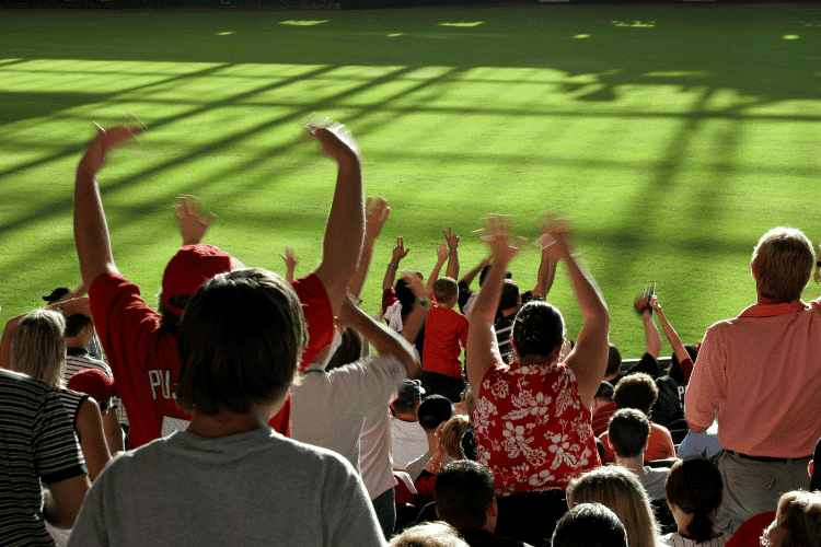 Diverse fans standing and cheering in a football stadium